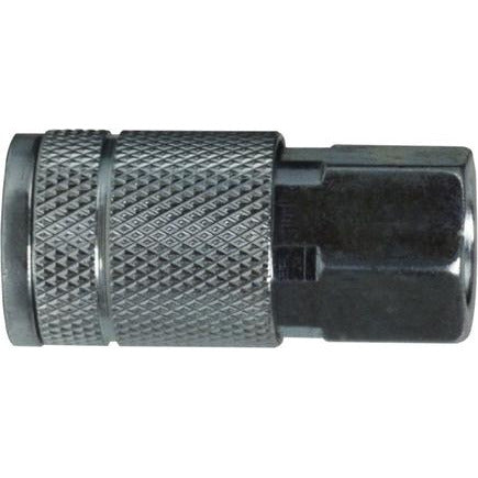 A black steel pipe automotive steel coupler with a 3/8 body and 1/4 female FIP thread. 3/8 Body 1/4 Female Iron Pipe Automotive Steel Coupler