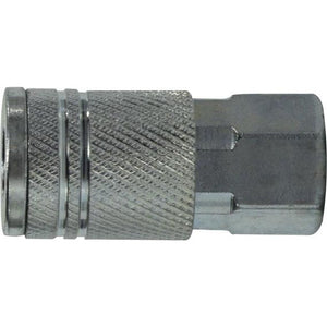 A silver-colored steel coupler with a hexagonal body and threading suitable for pneumatic systems. 1/4 Female Iron Pipe Industrial Interchange Steel Coupler