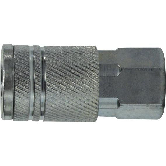 A silver-colored steel coupler with a hexagonal body and threading suitable for pneumatic systems. 1/4 Female Iron Pipe Industrial Interchange Steel Coupler