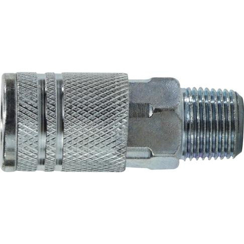 A silver-colored 1/4 Male Iron Pipe Industrial Interchange Steel Coupler with a hexagonal body and threaded end. 1/4 Male Iron Pipe Industrial Interchange Steel Coupler