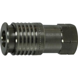 A stainless steel 1/4 Body 1/4 Female Iron Pipe Universal Coupler with threaded connections for plumbing applications. 1/4 Body 1/4 Female Iron Pipe Universal Coupler