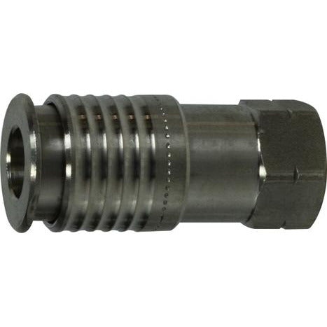 A stainless steel 1/4 Body 1/4 Female Iron Pipe Universal Coupler with threaded connections for plumbing applications. 1/4 Body 1/4 Female Iron Pipe Universal Coupler