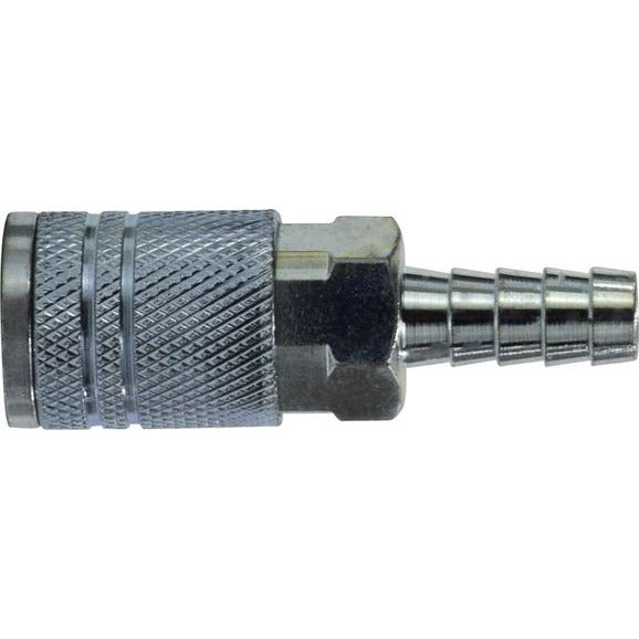 A silver-colored industrial interchange steel coupler with a hose barb end, designed for pneumatic systems. 3/8 Hose Inner Diameter Industrial Interchange Steel Coupler