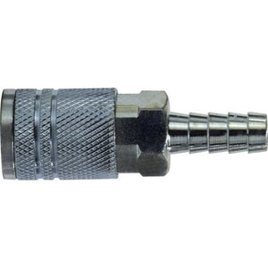 A silver-colored industrial interchange steel coupler with a hose barb end, designed for pneumatic systems. 3/8 Hose Inner Diameter Industrial Interchange Steel Coupler