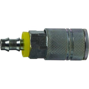A silver-colored 3/8 Push-On Hose Barb Industrial Interchange Steel Coupler, featuring a female industrial interchange profile and a male hose barb connection. 3/8 Push-On Hose Barb Industrial Interchange Steel Coupler