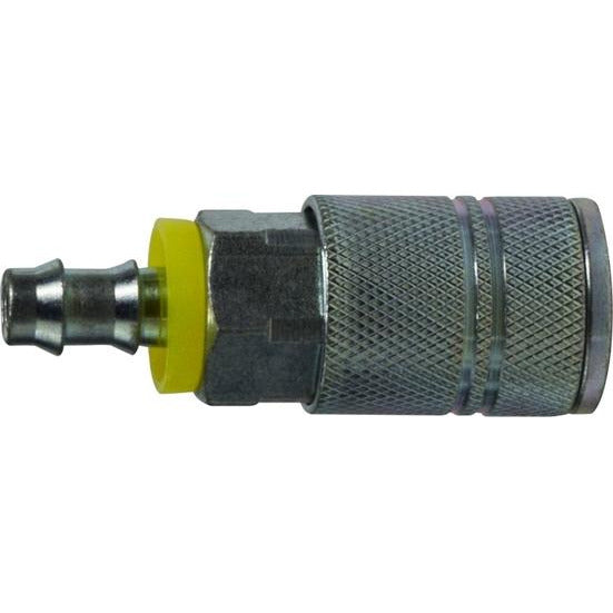 A silver-colored 3/8 Push-On Hose Barb Industrial Interchange Steel Coupler, featuring a female industrial interchange profile and a male hose barb connection. 3/8 Push-On Hose Barb Industrial Interchange Steel Coupler