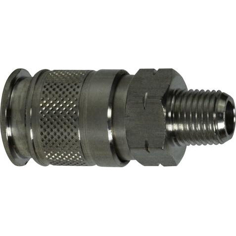 A stainless steel 1/4 Body 1/4 Male Iron Pipe Universal Quick Disconnect fitting. 1/4 Body 1/4 Male Iron Pipe Universal Quick Disconnect