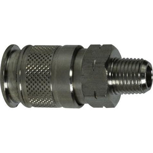 A stainless steel 1/4 Body 1/4 Male Iron Pipe Universal Quick Disconnect fitting. 1/4 Body 1/4 Male Iron Pipe Universal Quick Disconnect