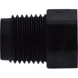 A black polypropylene hexagonal head plug with a threaded connection. 1/2 Black Polypropylene Hexagonal Head Plug