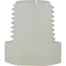 A white nylon hexagonal head plug designed for sealing pipe openings in plumbing and irrigation systems. 1 White Nylon Hexagonal Head Plug