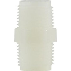 A white nylon hexagonal nipple fitting with threaded connections. 1/8 White Nylon Hexagonal Hex Nipple