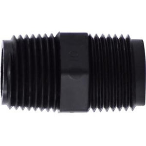 A black polypropylene hexagonal nipple fitting, designed for connecting two female-threaded pipes. 3/8 Black Polypropylene Hexagonal Nipple