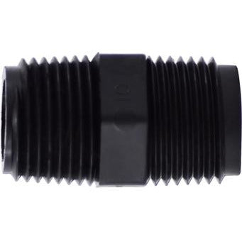 A black polypropylene hexagonal nipple fitting, designed for connecting two female-threaded pipes. 3/8 Black Polypropylene Hexagonal Nipple