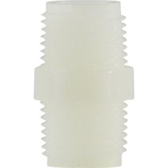 A white nylon hexagonal nipple, a type of pipe connector fitting, with threaded ends. 1 White Nylon Hexagonal Nipple