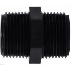 A black polyethylene hexagonal nipple fitting with a threaded connection on both ends. 2 Polyethylene Hexagonal Nipple