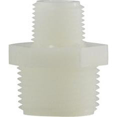 A white nylon reducing hexagonal nipple fitting with a hexagonal shape and threaded ends. 1/4 x 1/8 White Nylon Reducing Hexagonal Nipple