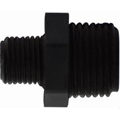 Black polyethylene reducing hexagonal nipple with male threaded connections. 3/4 x 1/2 Black Polyethylene Reducing Hexagonal Nipple