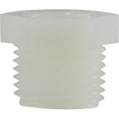 A white nylon hexagonal bushing reducing fitting, with a threaded connection, commonly used in plumbing and industrial applications - 1-1/2 x 3/4 White Nylon Hexagonal Bushing