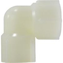 A white nylon 90-degree elbow fitting with barbed hose connections at both ends - 1/2 White Nylon Elbow