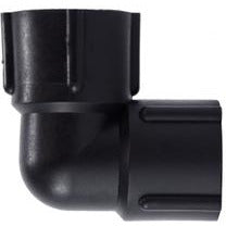 A black polypropylene 90-degree elbow fitting with hose barb connections at both ends - 3/4 Polypropylene Elbow
