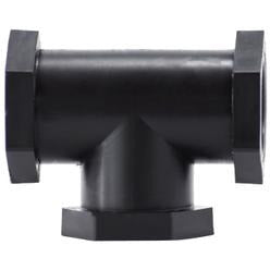 A black polypropylene tee fitting with three female-threaded connections. - 3/8 Polypropylene Tee