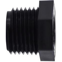 A black polypropylene bushing with a hexagonal shape, threaded connections, typically used in plumbing - 1-1/2 x 1/2 Polypropylene Bushing