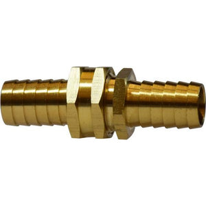 A brass garden hose coupling with barbed connections - 3/8 Garden Hose Coupling 1.19 Shank Lead Free