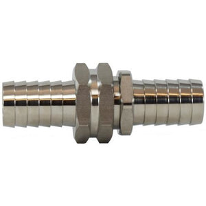 A stainless steel garden hose coupling with a barbed hose connection -5/8 Garden Hose Coupling 1.19 Shank