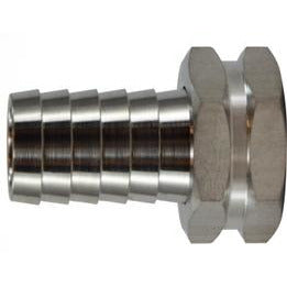 A stainless steel 1/2 inch barbed to 3/4 inch female gardening hose swivel adapter - 316 Stainless Steel 1/2 X 3/4 Hose Barb X Female Gardening Hose Swivel Adapter