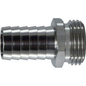 A stainless steel 3/4 X 3/4 Hose Barb X Male Garden Hose Adapter, featuring a barbed end for connection and a male-threaded end for attachment to garden hoses - 316 Stainless Steel 3/4 X 3/4 Hose Barb X Male Garden Hose Adapter