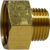 A brass garden hose adapter with a female garden hose thread on one end and a male iron pipe thread on the other. - 3/4 X 3/4 Female Garden Hose X Male Iron Pipe Long Pattern Adapter