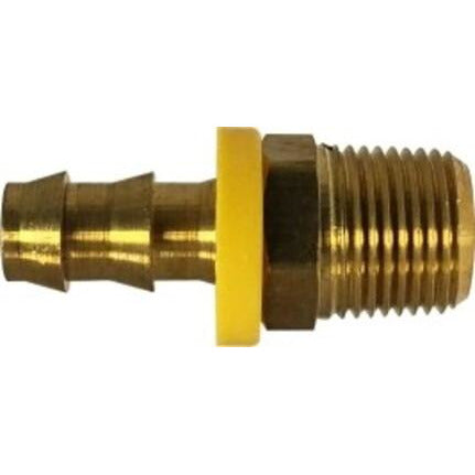 A brass push-on hose barb adapter with a male iron pipe connection. - 1/2 x 3/8 Push On Hose Barb x Male Iron Pipe Adapter AB1953