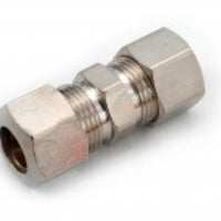 A metal pipe union, typically used for plumbing, with a silver color. - Lead-Free 762 Chrome-Plated 3/8 Compression Union