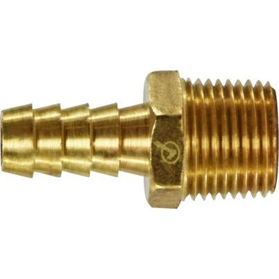 A brass male hose barb fitting with barbed hose connection. - 3/8 X 1/8 Brass Male Hose Barb