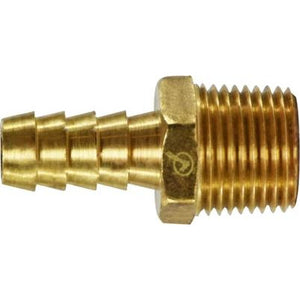 A brass male hose barb fitting with barbed hose connection. - 3/8 X 1/8 Brass Male Hose Barb