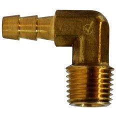 A brass 90-degree male iron pipe elbow fitting with hose barb and male NPTF connection - 5/16 X 1/4 Hose Barb X Male Iron Pipe Elbow AB1953