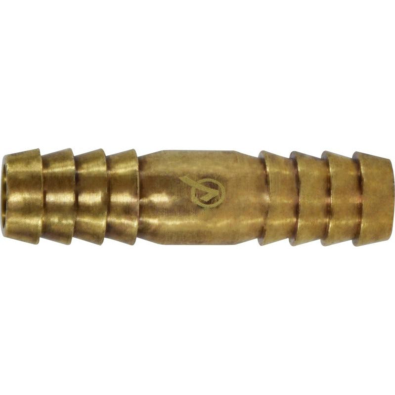 A gold-colored brass barb splicer fitting, designed for connecting two hoses or pipes. - 3/4 Barb Splicer-AB 1953