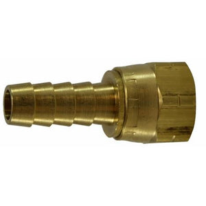 A brass barbed hose fitting with a 3/8 inch SAE crimp style connection. - 3/8 Barb X 3/8 SAE Crimp Style