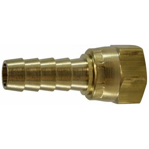 A brass hose barb female connector with a 37 degree flare, designed for use in high-pressure fluid and gas systems - 3/8 Barb X 3/8 Joint Industrial Council Crimp Style