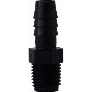 A black polyethylene hose barb adapter with a barbed end and male iron pipe connection - 1/4 X 1/2 Hose Barb x Male Iron Pipe Black Polyethylene Adapter