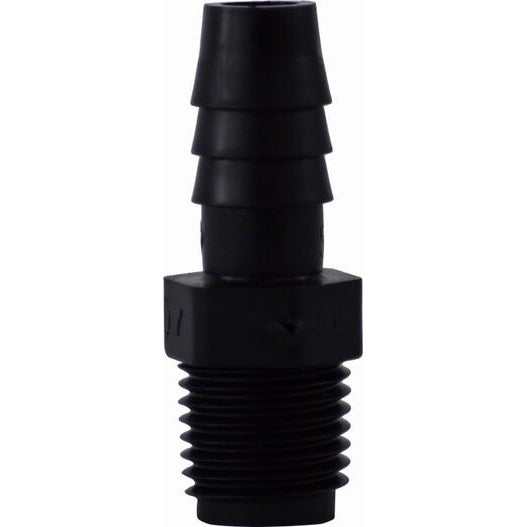 A black polyethylene hose barb adapter with a barbed end and male iron pipe connection - 1/4 X 1/2 Hose Barb x Male Iron Pipe Black Polyethylene Adapter