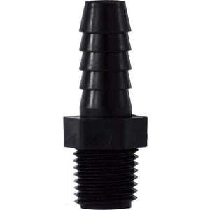 A black polypropylene hose barb x male iron pipe adapter - 1/2 x 1/2 Hose Barb x Male Iron Pipe Polypropylene Adapter