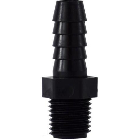 A black polypropylene hose barb x male iron pipe adapter - 1/2 x 3/4 Hose Barb x Male Iron Pipe Polypropylene Adapter