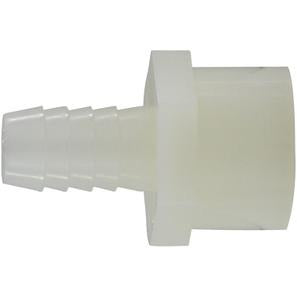 Durable white nylon adapter designed for low-pressure water, air, and chemical transfer, connecting tubing to a FIP thread — 3/8 x 1/4 Hose Barb x Female Iron Pipe White Nylon Adapter