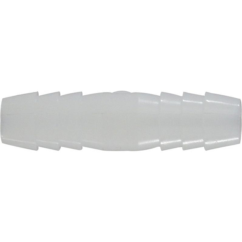 White nylon hose barb union for connecting 3/16” hoses – 3/16 White Nylon Hose Barb Union.