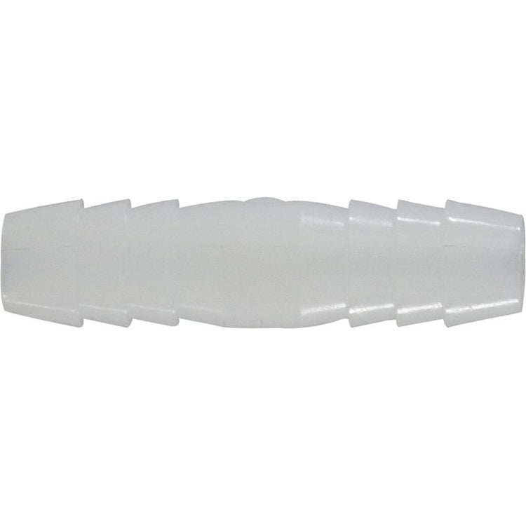 White nylon hose barb union for connecting 3/16” hoses – 3/16 White Nylon Hose Barb Union.