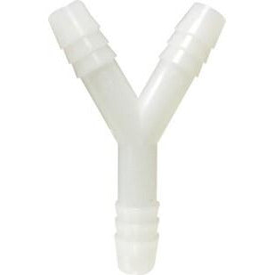 White nylon Y-shaped hose barb fitting for splitting 3/8” hose lines – 3/8 White Nylon Hose Barb Y.