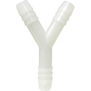 White nylon Y-shaped hose barb fitting for splitting 3/8” hose lines – 3/8 White Nylon Hose Barb Y.