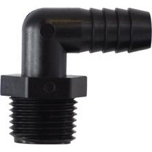 A black polyethylene elbow fitting with barbed connections for hoses and male iron pipe threading- 1/2 x 1/2 Hose Barb x Male Iron Pipe Polyethylene Elbow