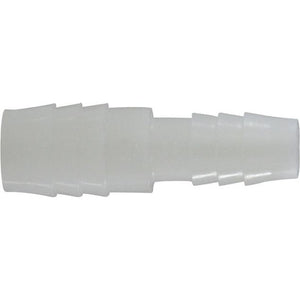 A white nylon barbed hose splicer connector. -1/4 Barb x 3/16 Barb Nylon